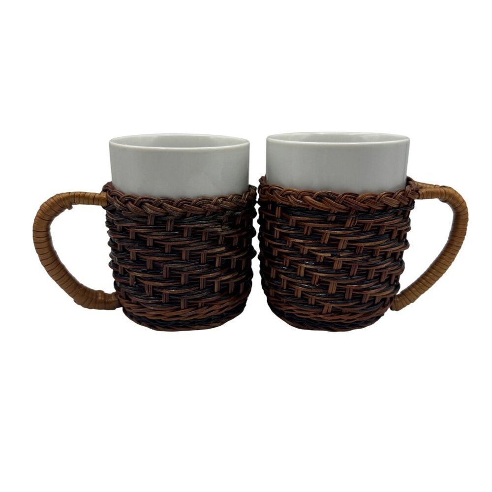 Wicker Wrapped Ceramic Mug Set Rustic Brown White Drinkware Boho Natural Style D